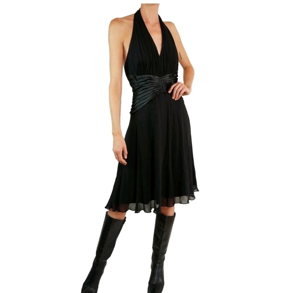 TADASHI Vintage Black Silk Satin Pleated Chiffon Skirt Open Back Dress - Picture 3 of 7